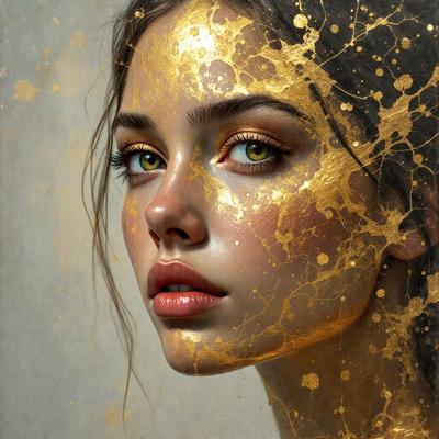 The primary subject of the image is a woman with a golden glow, likely a painting or drawing. She is the main focus of the image, and her face is the center of attention. The setting or background of the image is a white surface, which provides a clean and minimalistic backdrop for the woman's golden glow. The visual style of the image is artistic, with the woman's face being the main subject, and the golden glow being the central element of the composition. The colors and mood of the